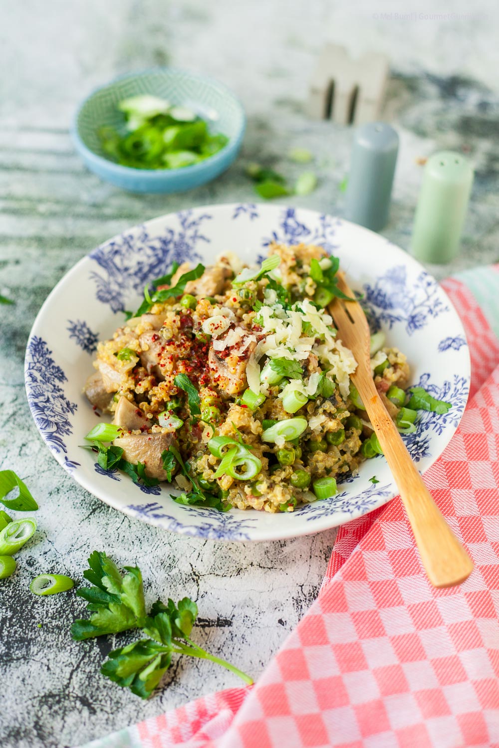 Mushroom and herb quinotto with bacon and cheese Risotto with quinoa | GourmetGuerilla.com