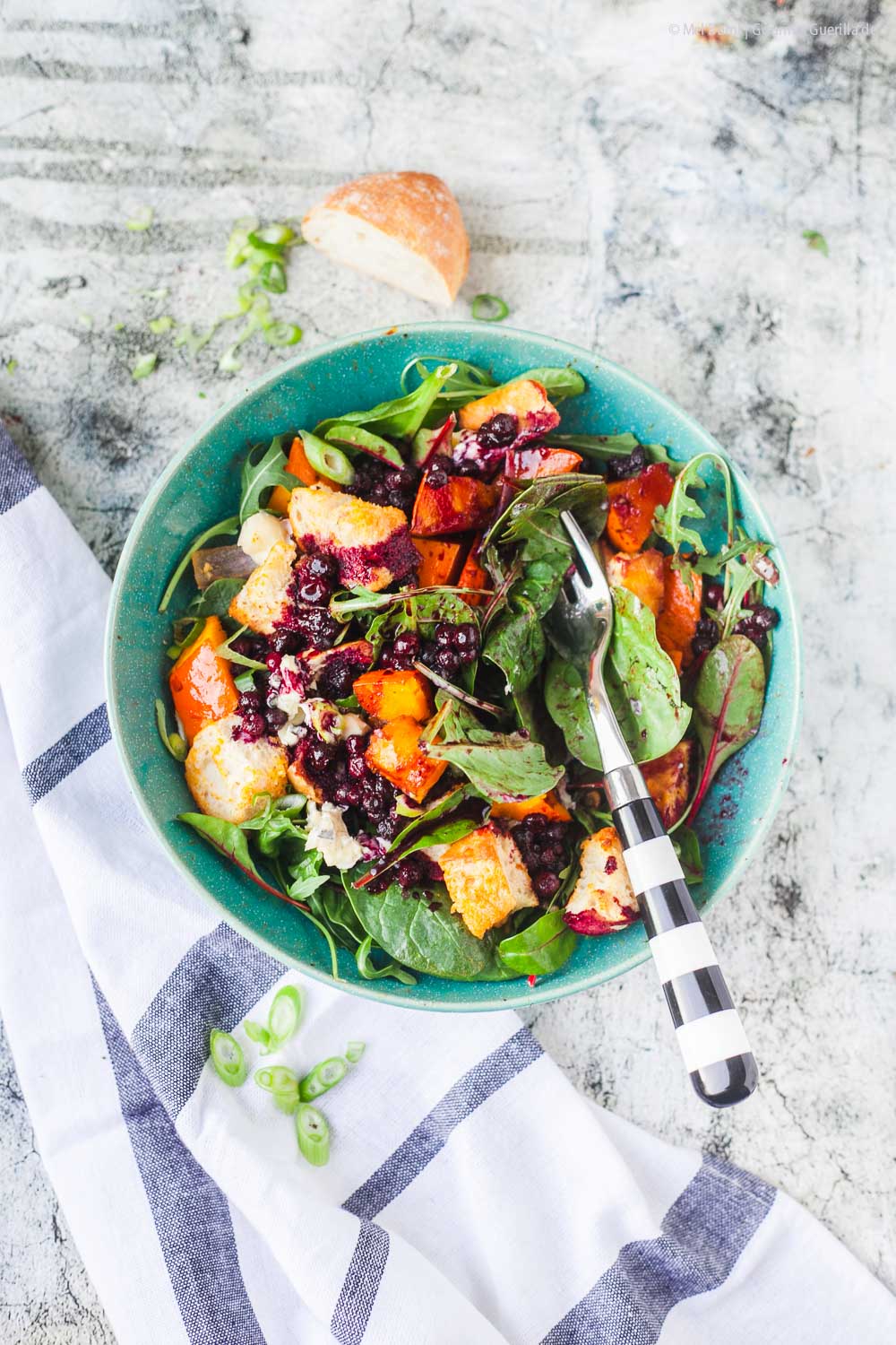  Pumpkin bread salad with Roquefort and wild blueberry dressing | GourmetGuerilla.com 